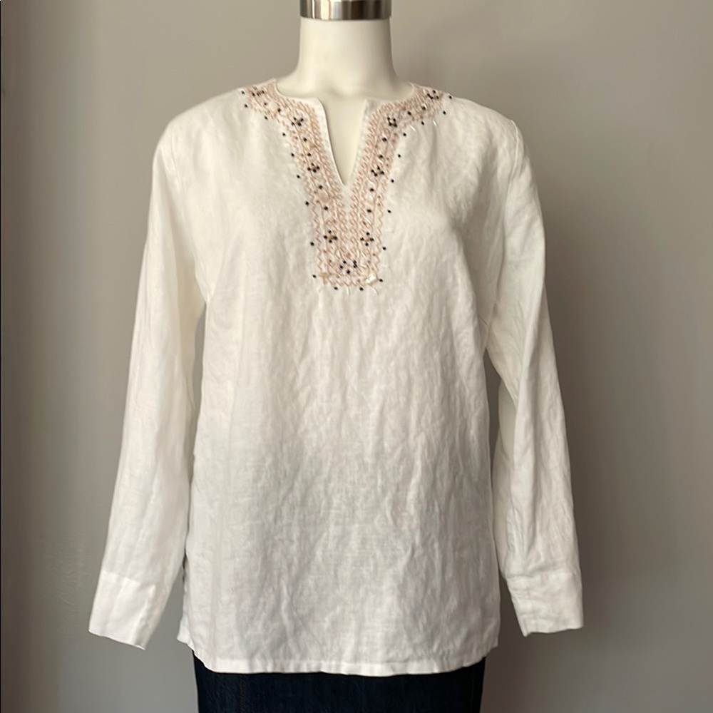 Embroidered & Beaded Cream Linen Tunic